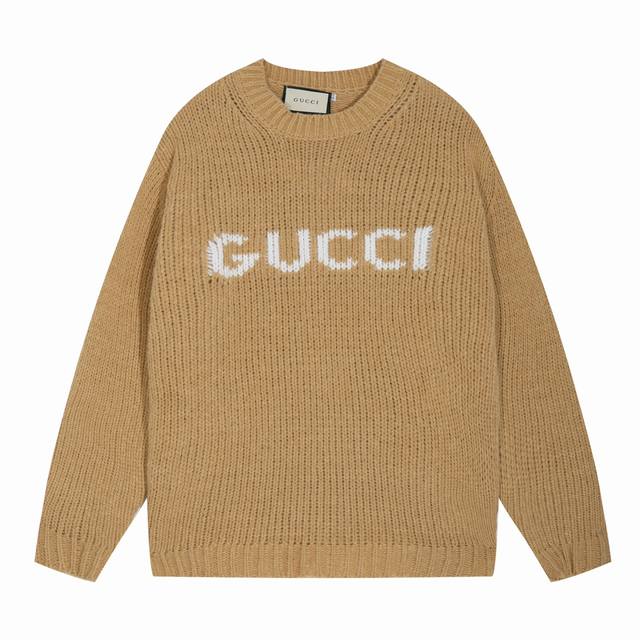 GUCCI古驰胸前字母logo提花圆领羊毛衣 颜色：蓝 卡其 码数：S M L XL XXL