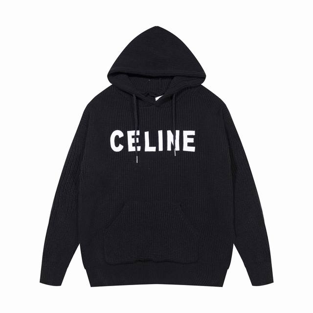 赛琳 CELINE简约胸前贴布logo口袋连帽羊毛衣 颜色：黑 黄 码数：S M L XL XXL