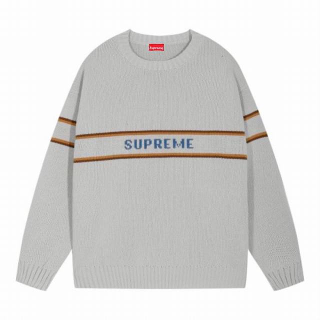 重磅1000g Supreme FW23 秋冬系列条纹字母Logo圆领套头长袖针织衫羊毛衣 颜色：蓝 黑 灰 红 码数：S M L XL XXL