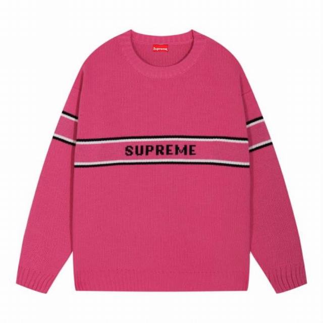 重磅1000g Supreme FW23 秋冬系列条纹字母Logo圆领套头长袖针织衫羊毛衣 颜色：蓝 黑 灰 红 码数：S M L XL XXL