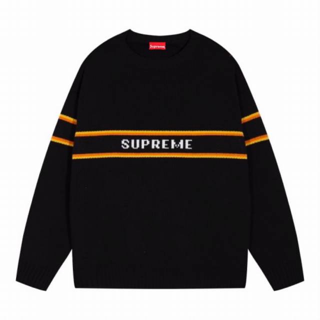 重磅1000g Supreme FW23 秋冬系列条纹字母Logo圆领套头长袖针织衫羊毛衣 颜色：蓝 黑 灰 红 码数：S M L XL XXL