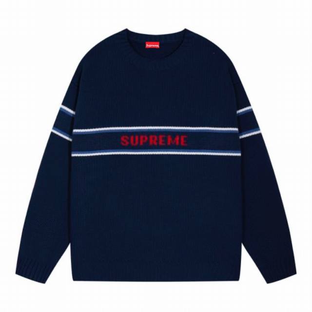 重磅1000g Supreme FW23 秋冬系列条纹字母Logo圆领套头长袖针织衫羊毛衣 颜色：蓝 黑 灰 红 码数：S M L XL XXL