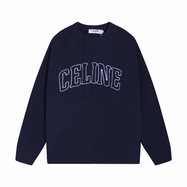 Celine塞琳胸前刺绣字母圆领羊毛毛衣 颜色：蓝色 码数：S M L XL XXL