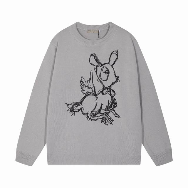 Burberry巴宝莉专柜1:1绣花小鹿图案针织圆领毛衣 颜色：灰色 码数：S M L XL XXL