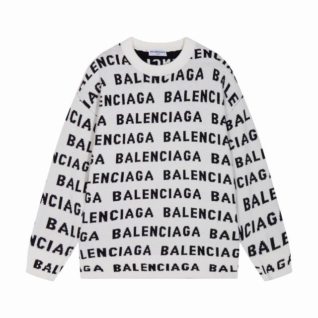 巴黎BALENCIAGA 满身印花字母logo羊毛针织毛衣 颜色：白色 码数：S M L XL XXL