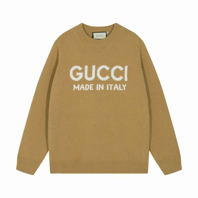 GUCCI古驰胸前字母logo羊毛针织圆领毛衣 颜色：卡其 码数：S M L XL XXL