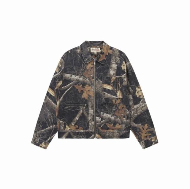 款号258 斯图西Stussy 假日系列 黑色枫叶FW23 ZIP WORK JACKET REALTREE EDGE 满印拉链工装夹克外套 王嘉尔同款 男女同