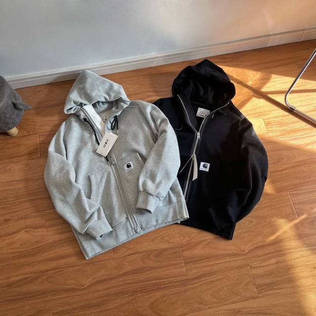 C07 实拍图 Sacai×Carhartt WIP FW23卡哈特联名系列 纯色标贴拉链连帽插肩卫衣 男女同款 #代工厂出品 代购指定版本 原档案原数据开发版