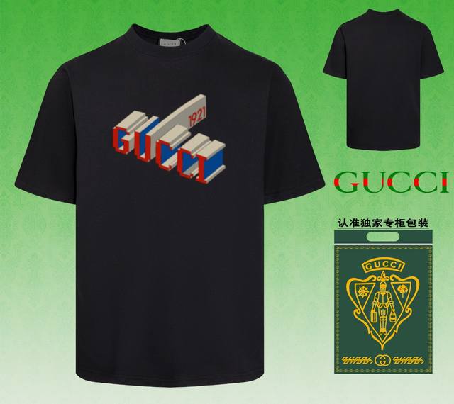 配图片包装 GUCCI~古驰 2024春夏新款短袖，采用双坎肩做法，双坎肩做法，双坎肩做法使整件衣服更加有立体感觉，不是普通T恤所能达到的工种， 前幅图案采用高