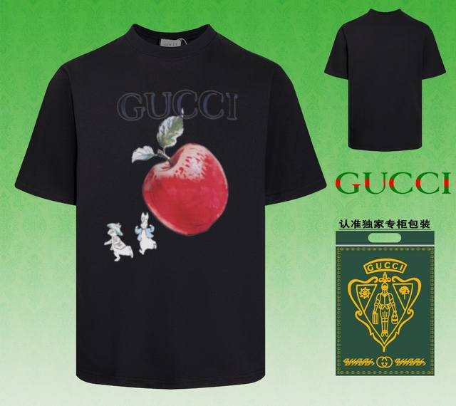 配图片包装 GUCCI~古驰 2024春夏新款短袖，采用双坎肩做法，双坎肩做法，双坎肩做法使整件衣服更加有立体感觉，不是普通T恤所能达到的工种， 前幅图案采用高