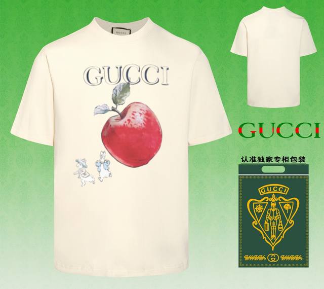 配图片包装 GUCCI~古驰 2024春夏新款短袖，采用双坎肩做法，双坎肩做法，双坎肩做法使整件衣服更加有立体感觉，不是普通T恤所能达到的工种， 前幅图案采用高