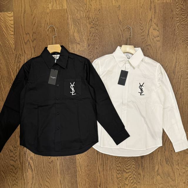 Ysl 圣罗兰 前后刺绣字母logo情侣翻领长袖衬衫 Color：白色 黑色 Size：S M L Xl Number：24108 独家客 定制常规棉质衬衫面料