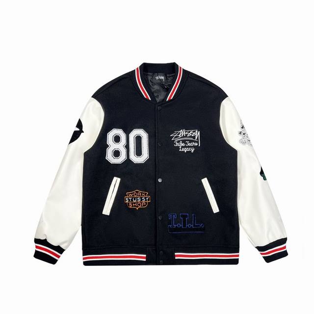 Stussy X Our L Egacy X Denim Tears三方联名款ttl Varsity Jacket拼接刺绣校队棒球服夹克外套 设计上整体延用了