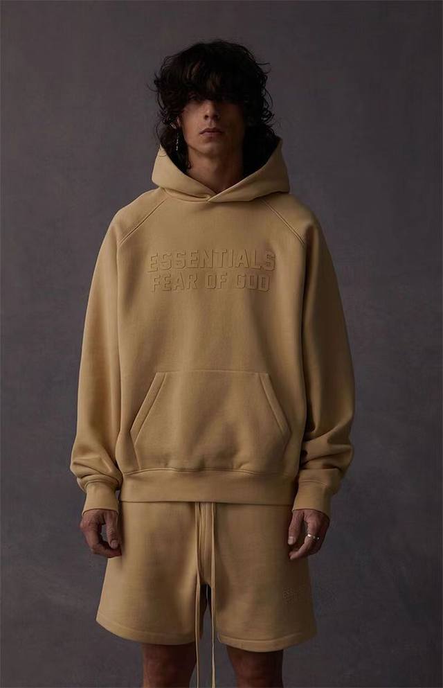 上新 “ 顶级版本 立体双排硅胶连帽 Fear Of God Essentials Hoodie Fog 新版立体硅胶双排字母logo连帽套头卫衣帽衫 内衬加绒