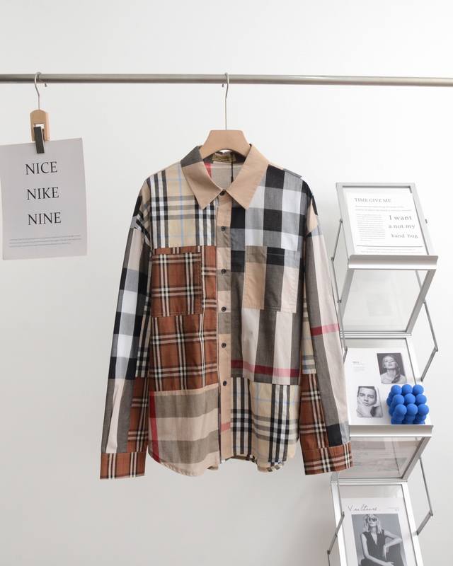 Burberry 巴宝莉拼接撞色长袖衬衣 网红同款苏六six同款衬衫 气质必备采用全棉面料 原版购入打版 定位立体裁片 前幅，口袋，袖子等部位都是对格对位的bb