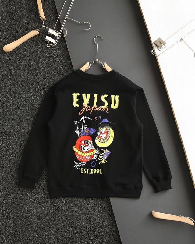 高品质 Evisu 福神字母达摩新款图案圆领卫衣！ 原版织带包边包条，前后采用大面积印花，不开胶不脱裂！采用360G进口纯棉精梳爽滑大毛圈面料，原厂面料，定织定