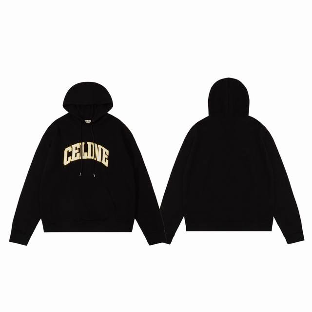 Celine 赛琳 24Ss 龟裂字母 Logo 印花抽绳情侣连帽卫衣-顶级复刻版本 Color：洗水黑 Size：S M L Number：24081 独家定