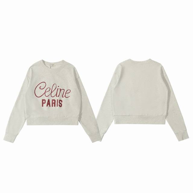 Celine 赛琳 24Ss 草写字母logo印花短款圆领卫衣-顶级复刻版本 Color：米灰色 Size：S M L 码数是短款 女款 Number：2408