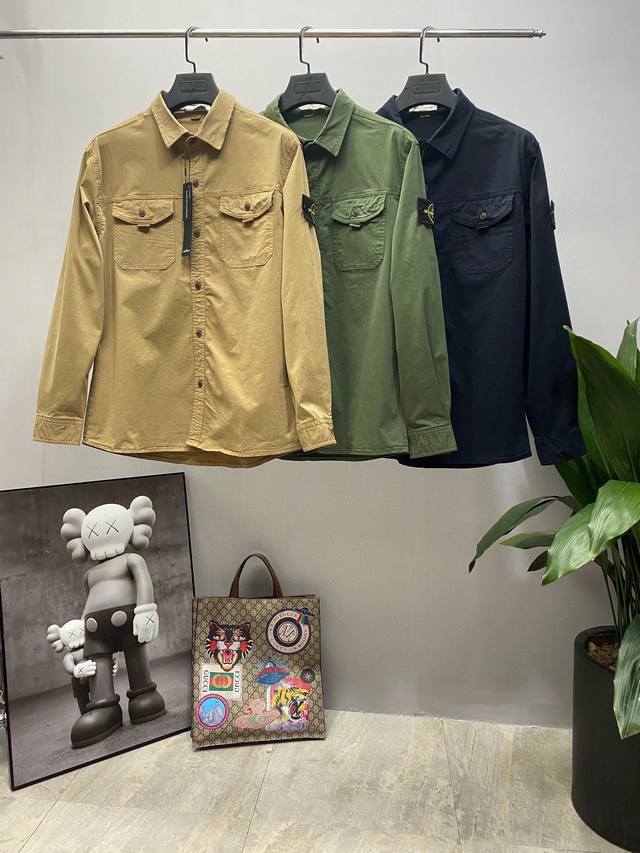 Stone Island石头岛纯色重工复古工装口袋纯棉衬衫外套 石头岛衬衫外套 高品质版本 颜色 黑色 绿色 卡其色 尺码： M L Xl 2Xl