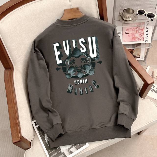 重磅 克 165 上新 Evisu 福神新款男士笔触佛头印花圆领宽松休闲情侣套头卫衣 码数s-Xxl