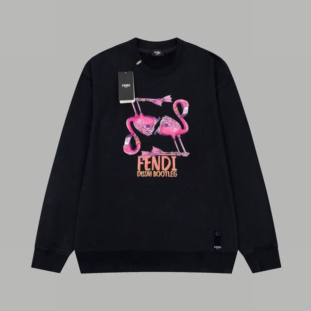 Fendi 芬迪 火烈鸟字母logo叠加烫钻点缀 毛圈长袖卫衣 420G重磅毛圈版本 百分百纯棉独家出货 定染硫化黑无尘处理面料 面料：420G百分百纯棉赛络