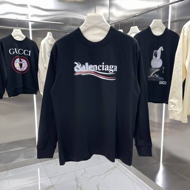 Balenciaga巴黎世家 24年秋冬新款 印花长袖螺纹t恤明星穿搭款 采用双纱纯棉300G，面料颜色定制定染，不缩水不退色。手感舒服，质感超强潮男潮女必备