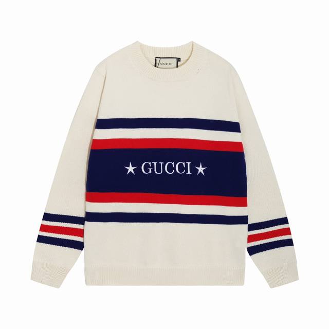 Gucci古驰红蓝色条纹提花星星刺绣圆领毛衣 颜色：白蓝 码数：S M L Xl Xxl