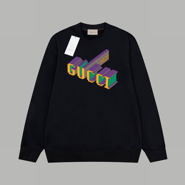 Gucci 古驰 经典3D字母logo 印花毛圈长袖卫衣 420G重磅毛圈版本 百分百纯棉独家出货 定染硫化黑无尘处理面料 面料：420G百分百纯棉赛络纺