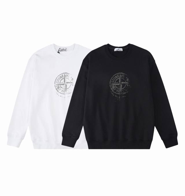 Stone Island 石头岛破损做旧罗盘logo印花圆领长袖卫衣！ 百搭情侣款打底圆领卫衣！简约袖章设计，定制1*1螺纹 质感细腻 ，400克双股大毛圈面料