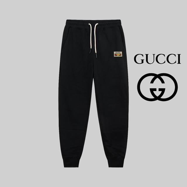 顶级版本，区别通货 Gucci 古奇24Ss 秋冬秀款 修身线条皮标老佛爷简约logo运动裤 380G克重 兼容所有身材 腰部松紧带黑白抽绳设计 定制抽绳口袋两