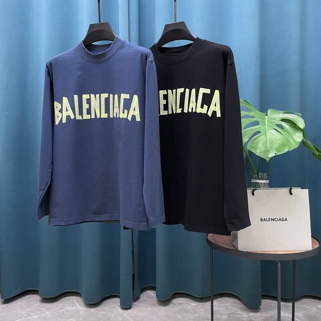 Dw 重磅高版本 Balenciaga巴黎世家 胶带字母logo长袖t恤 男女同款 Z Dw P购入制作，纯棉磨破水洗面料 上身最多的还是 Dw Paris,一