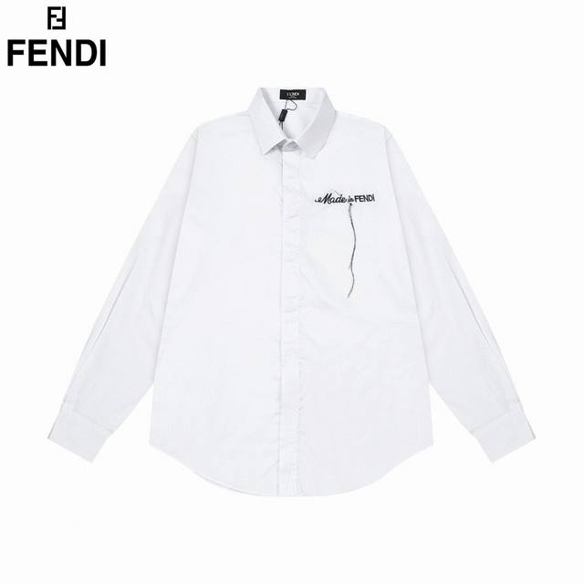 Dw Fendi 芬迪 爆款来袭 胸前简约logo针绣徽标长袖衬衫 2024Ss官网新款长袖 衬衫 衬衣 精美刺绣logo 高端版本，专柜定制面料 透气舒适度高