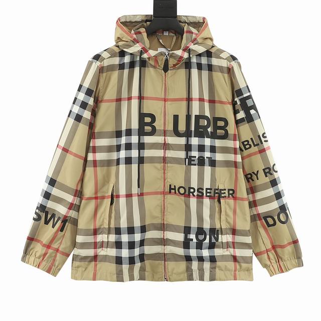 Burberry 巴宝莉 格纹厚胶字母拉链连帽夹克外套 定织定染卡其色格子面料，格子大小和zp一致，需要做到每一条颜色的校准，大货布格形不萎斜，才能做到原版一致