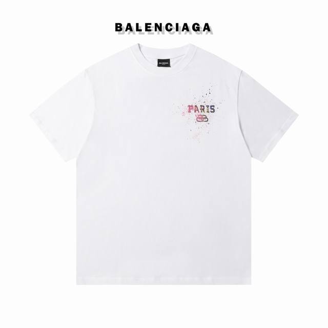 高版本BALENCIAGA 巴黎世家 泼墨锁扣印花短袖T恤 又是今年的一大爆款 前后幅彩色泼墨设计 整体效果简约大方 面料采用240克32支纯棉面料 同缸定染螺