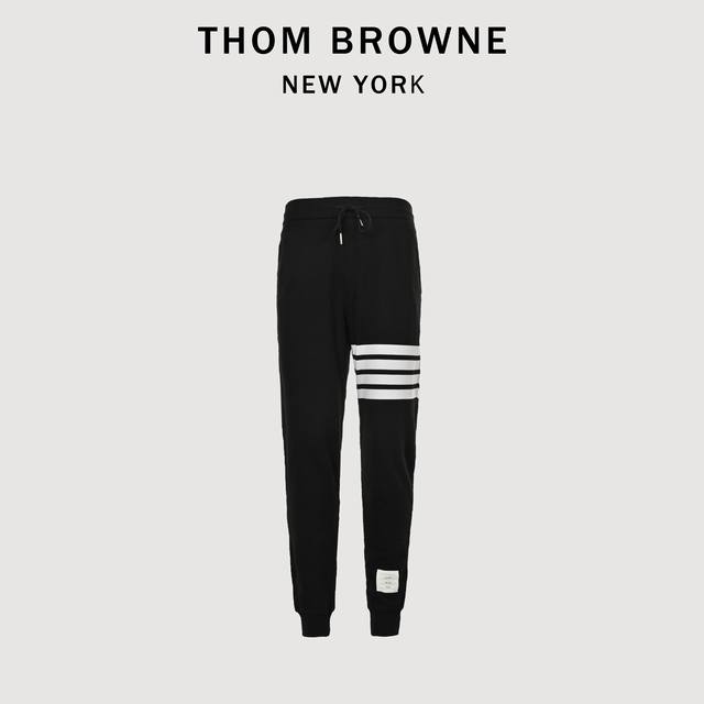 Thom Browne 汤姆布朗 24Fw 四杠条纹色织运动长裤 黑色 定织定染480g毛圈布，采用60支天然全棉精梳纱针织而成，内里32jc平纹+8jc毛圈，