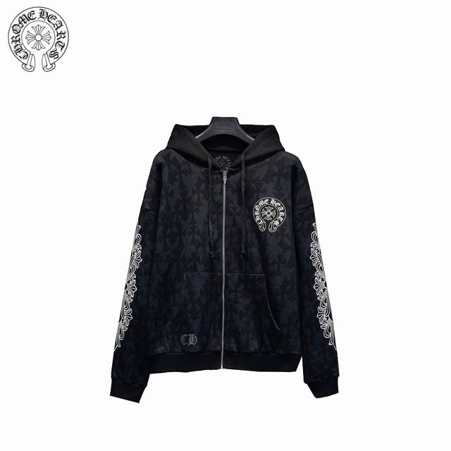 Chrome hearts 克罗心 24ss 暗纹梵文开衫连帽卫衣 100%棉 采用订色订染毛圈纯棉卫衣面，450g双股双纱，手感舒适 进口针织针梳棉进行制作，