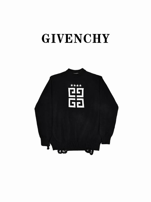 Givenchy 纪梵希24SS四星字母五角星破旧圆领毛衣 采用日本高丽绣花机星星刺绣字母Iogo圆领毛衣采用3D高密度刺绣工艺 原版定制进口面料色泽清新做工精