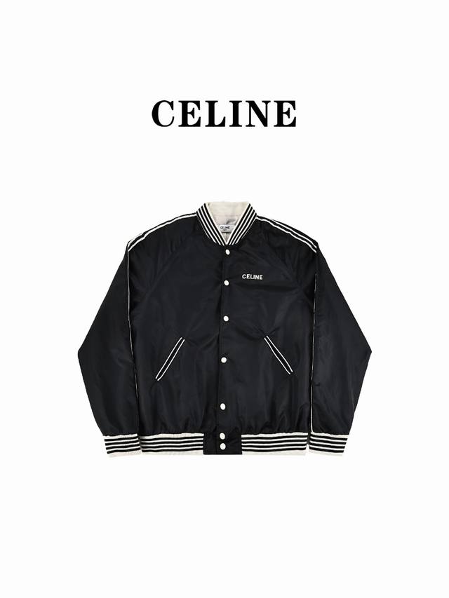 CELINE赛琳CE 23FW 字母刺绣醋酸条纹棒球服 袖子上原版定织的织带，袋口定染的子母带，领口和下摆定做的高品质纯棉螺纹，里布高品质人丝，logo处为植绒