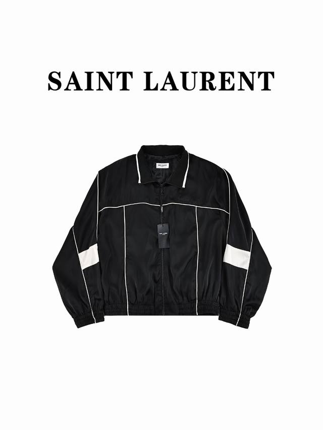 SAINT LAURENT PARIS 圣罗兰SLP线条立领醋酸绸缎风衣夹克外套 100%真醋酸高级面料！高级面料自然的悬垂感，凉爽舒适贴肤透气！ 黑白拼接太好