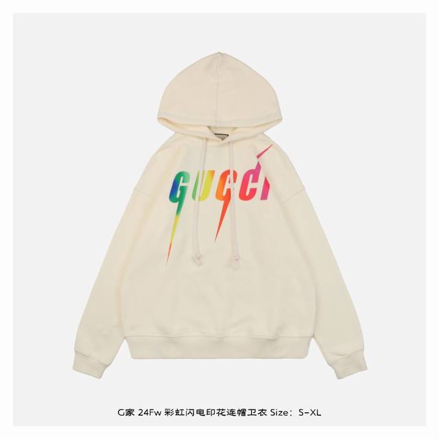 Gucci 古驰 24Fw 彩虹闪电印花连帽卫衣 面料采用400克重双股大毛圈面料，定制32支螺纹，成衣两遍水洗处理，面料舒适亲肤无异感，定制定染面料，纺织密度