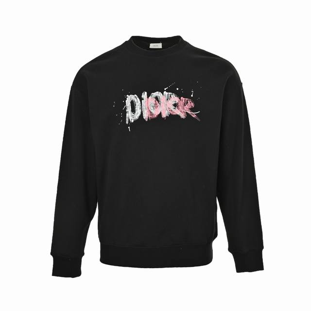 Dior 迪奥 24Fw 手绘涂鸦泼墨字母印花短圆领卫衣 420克重纯棉面料毛圈底定制32支2*2螺纹 成衣两遍水洗处理 面料舒适亲肤无异感 定制定染面料 纺织