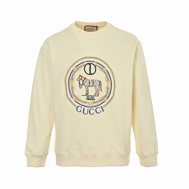 Gucci 古驰 24Fw 复古马术链条刺绣圆领卫衣 420克重纯棉面料毛圈底定制32支2*2螺纹 成衣两遍水洗处理 面料舒适亲肤无异感 定制定染面料 纺织密度