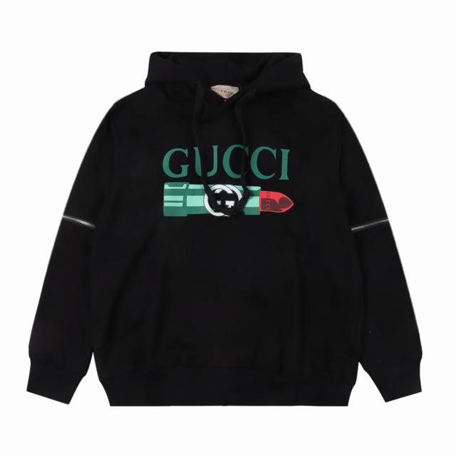 Gucci 古驰 24Fw 口红印花袖子可拆卸连帽卫衣 420克重纯棉面料毛圈底定制32支2*2螺纹 成衣两遍水洗处理 面料舒适亲肤无异感 定制定染面料 纺织密