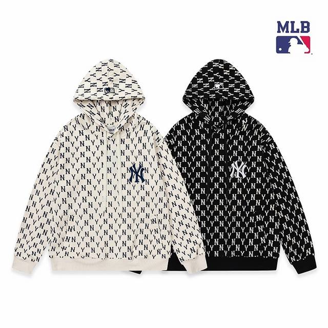 新款上新 w511 mlb新款满印老花连帽卫衣，男女同款 新款满印连帽卫衣 面料：380克纯棉毛圈 颜色：杏色 黑色 码数：S M L XL XXL