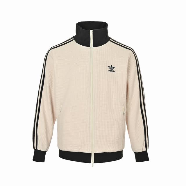 Adidas 阿迪达斯 刺绣logo华夫格外套 Adidas originals 美式复古系列 三叶草Logo刺绣侧边条纹复古运动立领夹克外套 大身采用350g