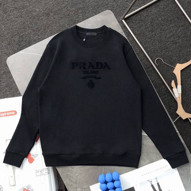 上新 顶级复刻 高端定制 - Prada 普拉达 新款胸前牙刷刺绣立体字母logo休闲圆领卫衣 - 款号：66890 - 颜色：黑色 白色 - 购入原版开模打造