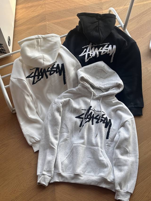 供 Stussy FW22 Big Stock Hoodie Logo字母印花连帽长袖卫衣男女同款 黑色 白色 灰色 S~XL 热度爆款，vibe风格搭配神器，