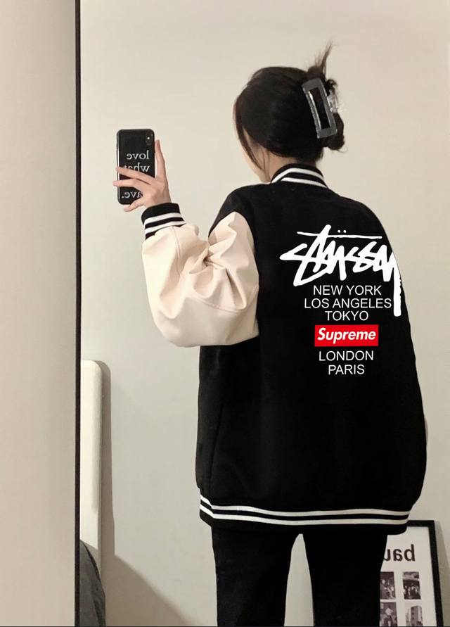 Stussy x Supreme 斯图西联名sup秋季宽松夹克棒球服外套 官网发售｜超强版型｜男女同款 精选垂感一流复合双层南韩丝高级面料 手感超棒 丝滑垂坠