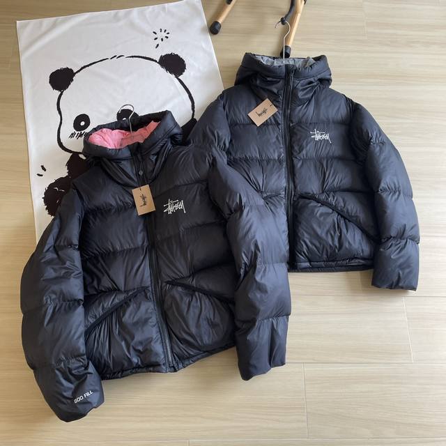 正确版本Stusssy 斯图西 Micro Ripstop Down Parka 派克纯色两色内里百搭拉链连帽短款羽绒服 黑粉logo印花 黑银logo刺绣 1