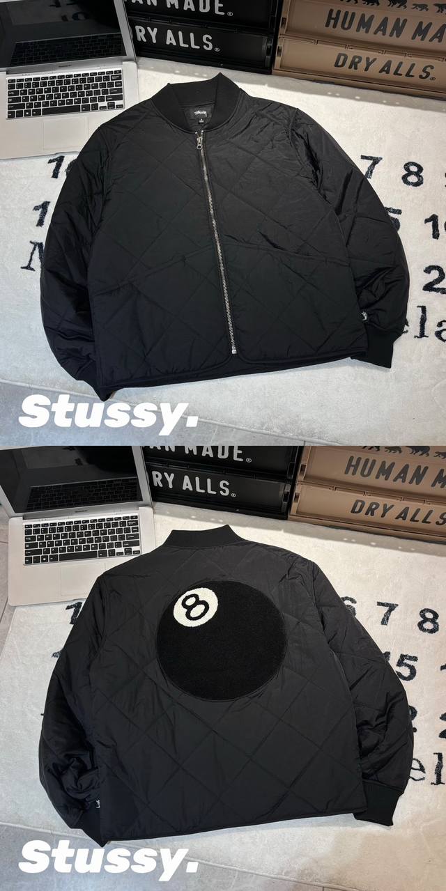 Stussy 斯图西 后背8 BALL QUILTED LINER JACKET 黑8毛巾绣 菱形 绗缝 棒球领 棉服夹克 外套 男女同款 情侣款 -面料：原版